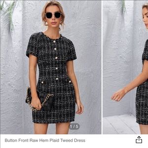 Button Front Raw Hem Plaid Tweed Dress